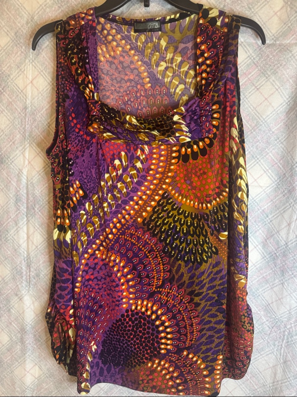 Gibson Latimer Purple & Gold Abstract Print Cowl Neck Tank